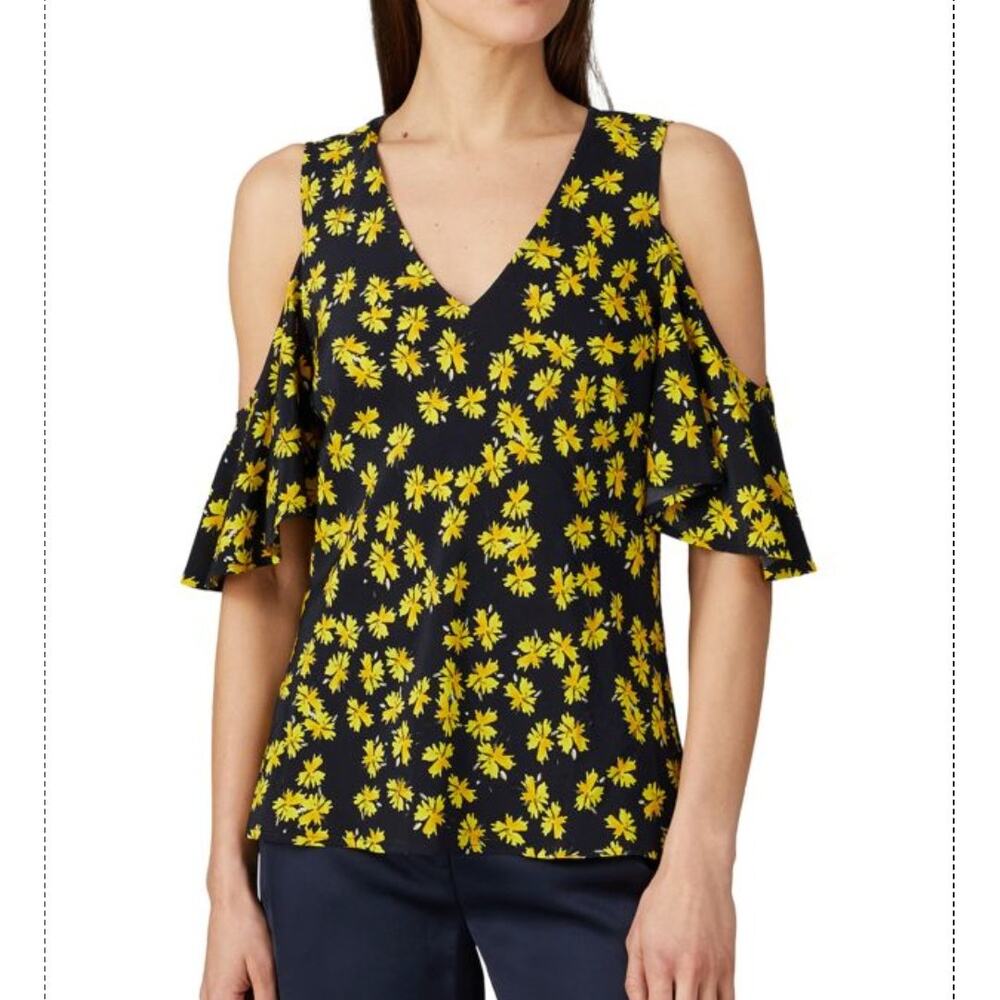 Derek Lam 10 Crosby Black & Yellow Daffodil Floral Cold Shoulder Flutter Blouse
